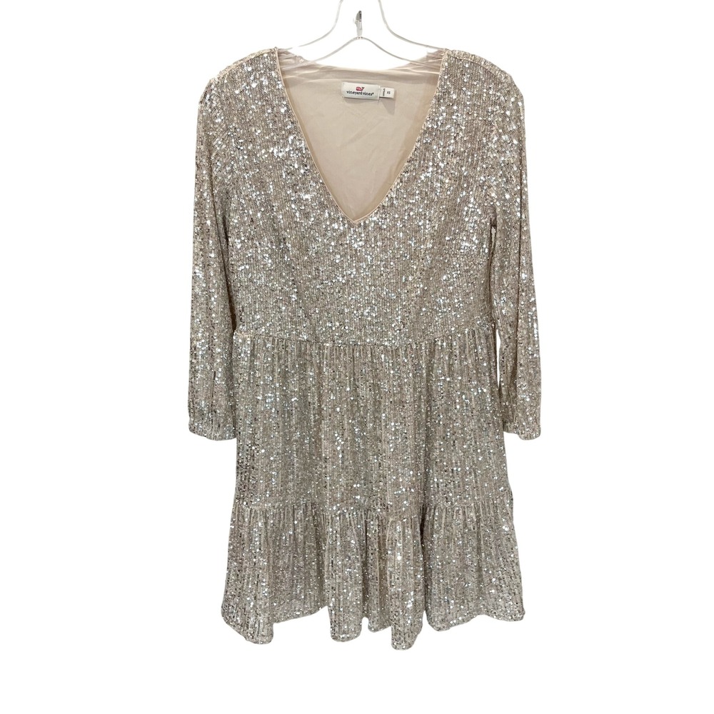 Vineyard Vines Sequin Tiered V-Neck Dress Champagne Gold Holiday Party Size XS